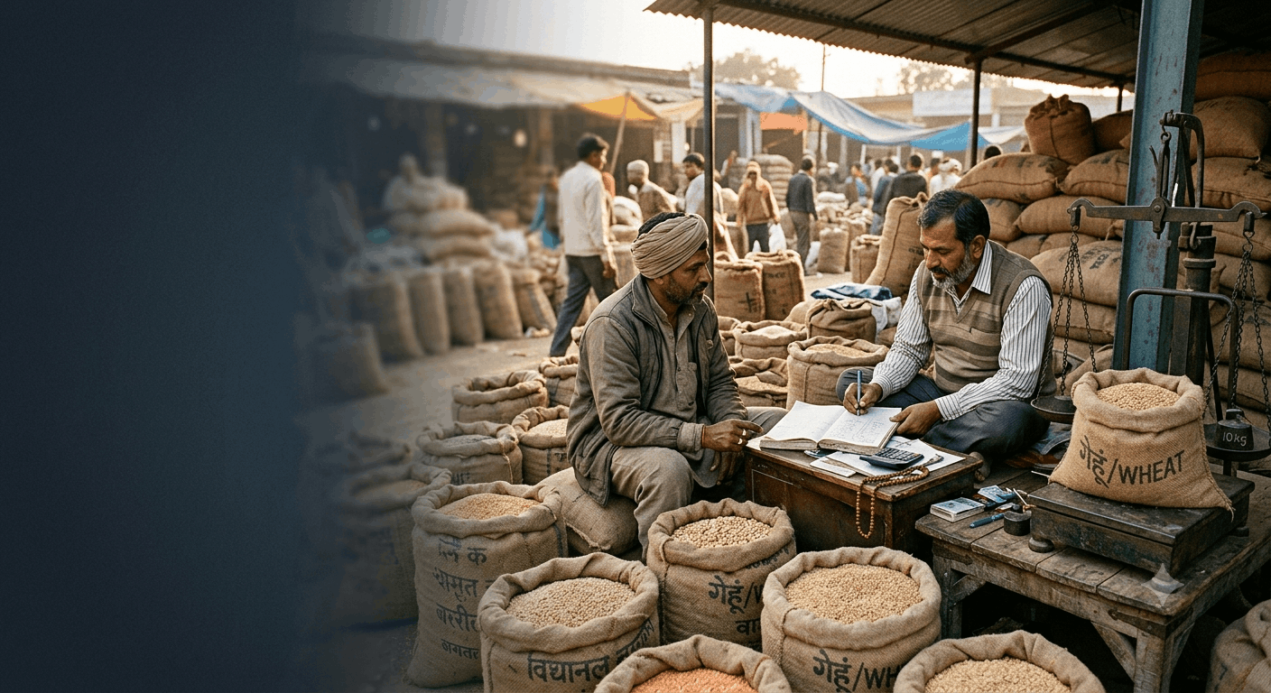A busy Indian wholesale agricultural market with sacks of produce being weighed and loaded.